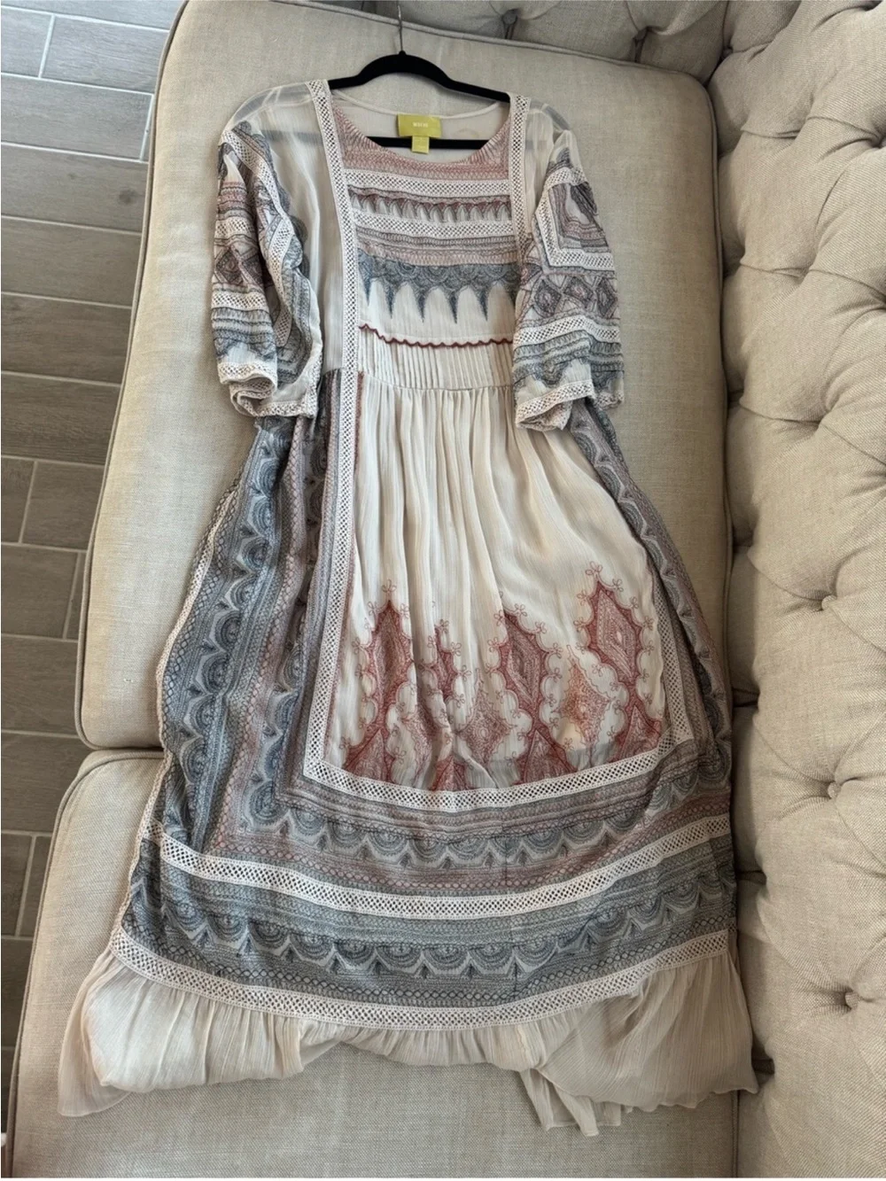 Maeve Cream Maxi Dress with rust and navy  Embroidery